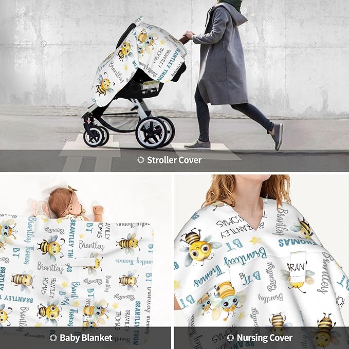 Custom Baby Car Seat Canopy Personalized Car Seat Covers with Name for Baby Boys Girls Customized Bee Nursing Breastfeeding Cover Infant Carseat Canopies Newborn Minky Baby Blanket
