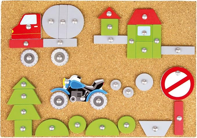 Lena 65826 Vehicles, 64 Coloured Parts in Different Shapes, Cork Base Plate, Approx. 28 x 19.5 x 1.4 cm, Nails, Hammer Game for Children from 3 Years