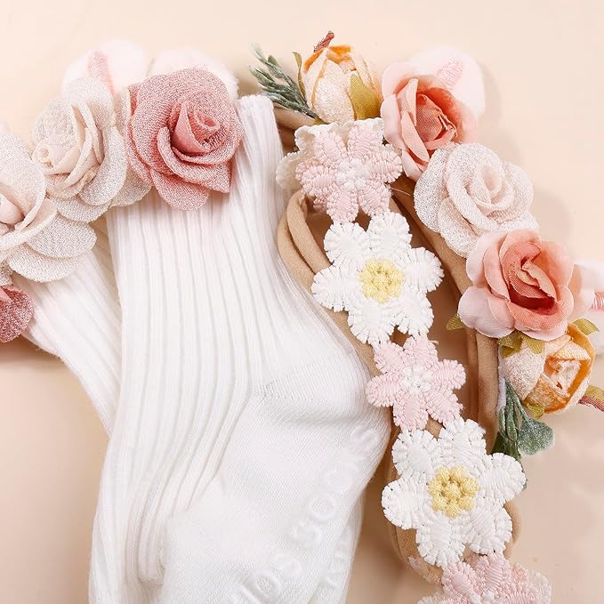 cherrboll Baby Girl Headbands and Socks Set, 3Pcs Soft Floral Hairbands Hair Bows Knit Socks for Newborn Infants Toddlers Photography Props Easter Gifts