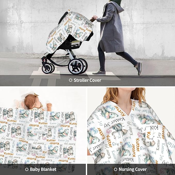 Personalized Winter Carseat Cover for Baby Custom Name Car Seat Canopy for Newborn Baby Boys Girls 2 in 1 Mom Nursing Breastfeeding Covers Elephant Minky Baby Carrier Stroller Covers