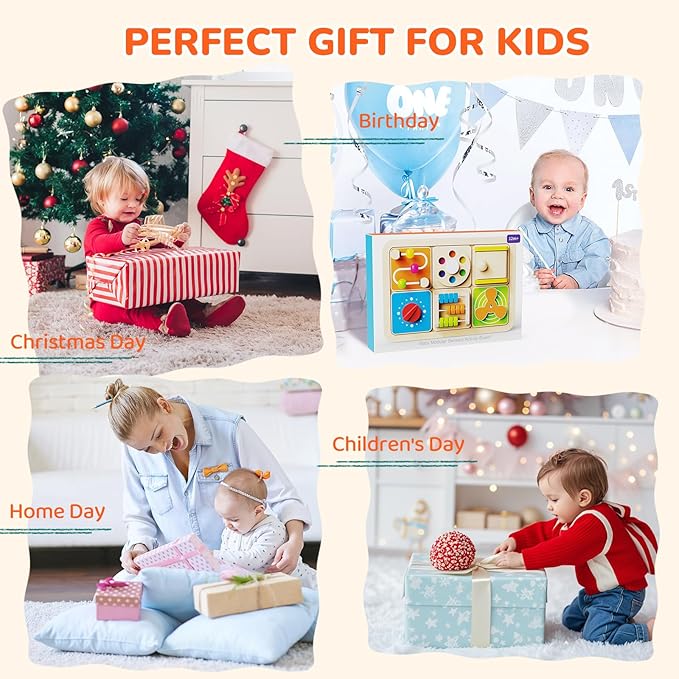 Montessori Busy Board for Toddlers 1-3, 6-in-1 Sensory Activity Cube, Fine Motor Skills Learning Toy with Bead Maze, Gears & Spinner, Quiet Travel Toy for 1 Year Old Boy and Girl Gifts