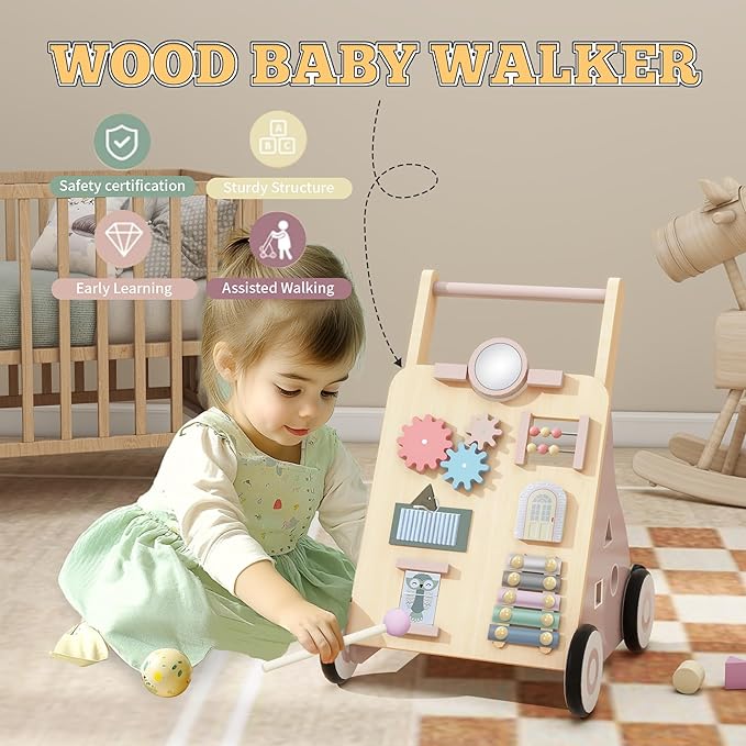 Wooden Baby Walker, Baby Push Walker with Wheels Multiple Learning Activity Center Baby Walker Adjustable Height and Speed for Girls Ages 9+ Months, Pink