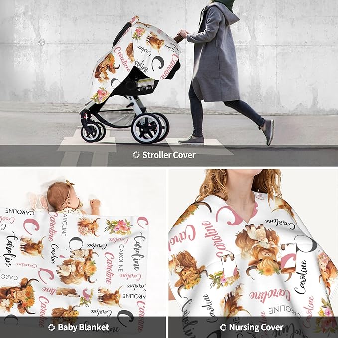Personalized Highland Cow Carseat Cover for Baby Custom Name Car Seat Canopy for Newborn Baby Boys Girls 2 in 1 Mom Nursing Breastfeeding Covers Minky Baby Carrier Stroller Covers