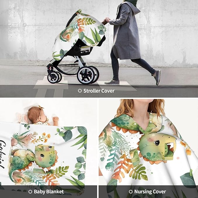 Personalized Winter Carseat Cover for Baby Custom Name Dino Car Seat Canopy for Newborn Baby Boys Girls 2 in 1 Mom Nursing Breastfeeding Covers Dinosaur Minky Baby Carrier Stroller Covers