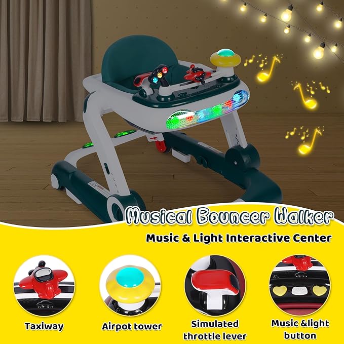 TODEFULL 6 in 1 Baby Walker, Baby Activity Walker for Toddler, Push Walker w/Adjustable Height Speed, Learning-Seated & Walk-Behind, Infant Walker w/Feeding Tray & Music Toys, Green