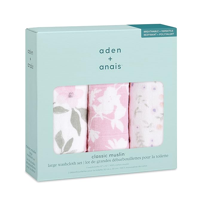 aden + anais Boutique Oversized Washcloth 3-Pack, Super Soft 100% Cotton Muslin, Gentle on Skin, 3 Absorbent 12x12 Layers, Softer with Every Use, Perfect for Babies, Infants, Toddlers, Ma Fleur