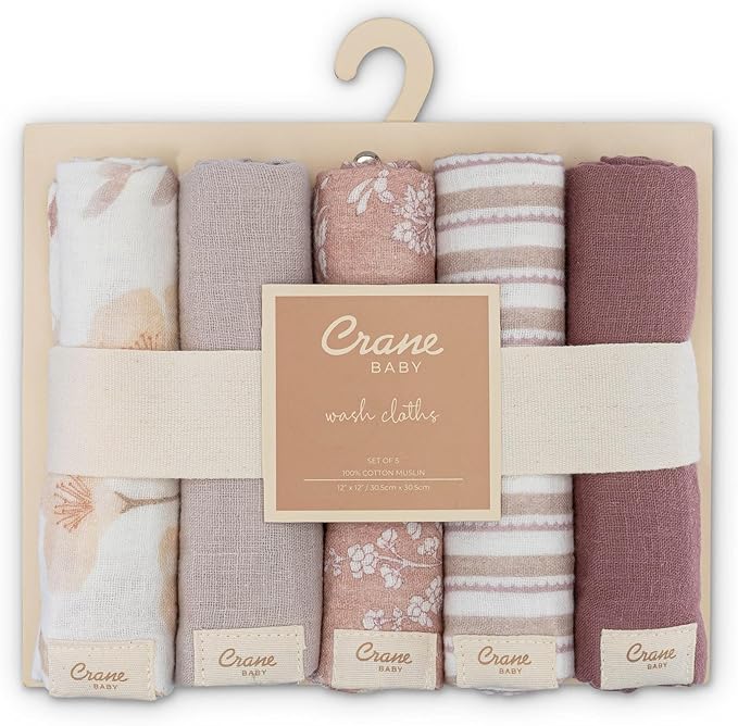 Crane Baby Violet Wildflower Cotton Baby Washcloths, 100% Cotton Muslin Set of 5, Soft Baby Wash Cloths for Newborn Bath Essentials, Infant Face Cloths, Shower Gift For Babies, Newborn Bath Essentials
