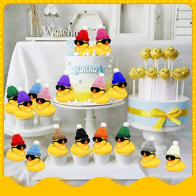 HAVAGDTM 12 Set Mini Ducks with Mini Hats Necklace and Sunglasses Bath Duck Toy for Baby Shower Birthday Swimming Party Gift Favor Decorations