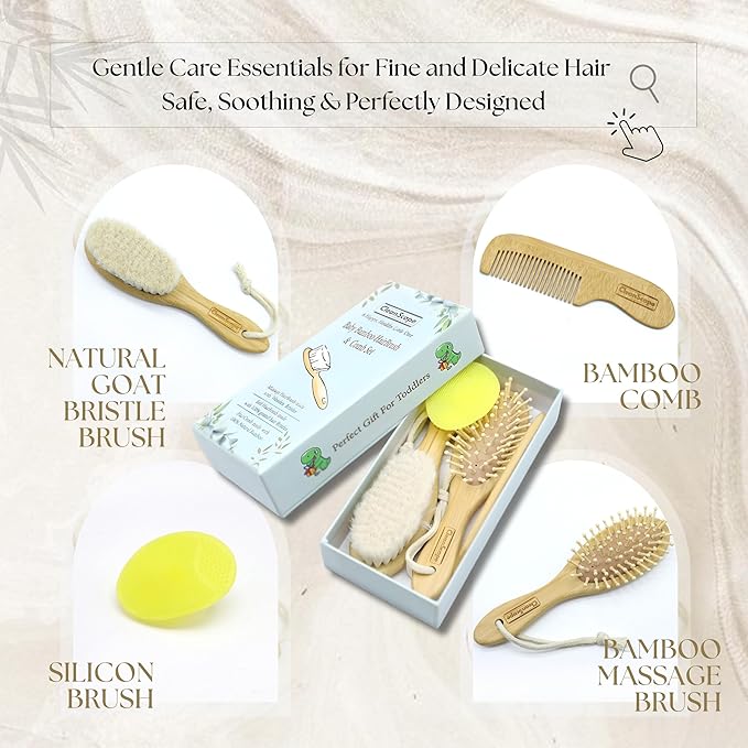 Bamboo Baby Brush & Comb Set – Newborn Grooming Kit with Soft Goat Hair Brush & Wooden Comb – Gentle Baby Care Essentials for Cradle Cap & Baby Shower Gifts
