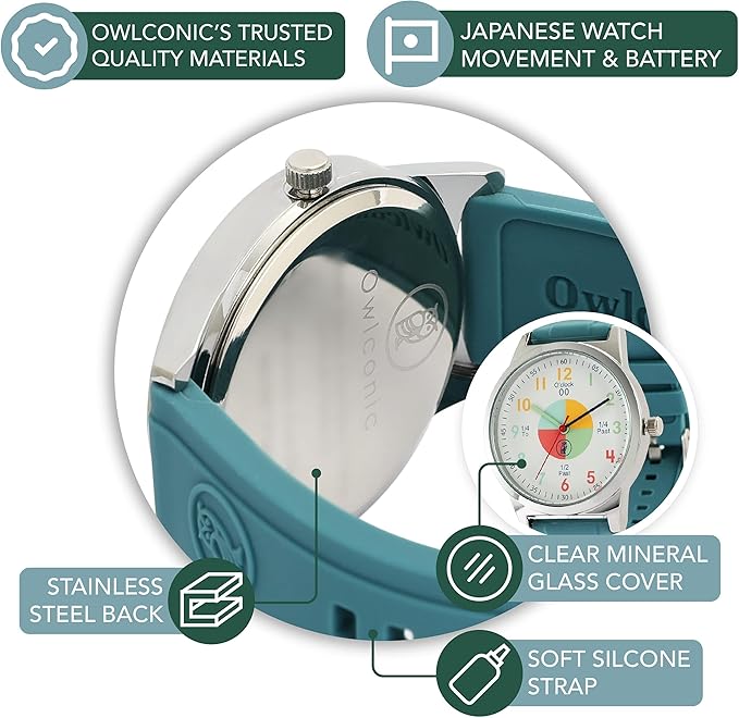 OWLCONIC Telling Time Teaching Clock - Bundled with Kids Watch. Learn to Tell Time Resources. Teal
