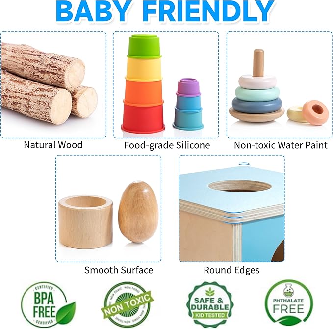 WOODMAM Montessori Toys for Babies 7-12 Months, 9 in 1 Educational Wooden Toys Set, Includes Object Permanent Box, Stacking Cups, Mirror Puzzle, Ring Stacker and More