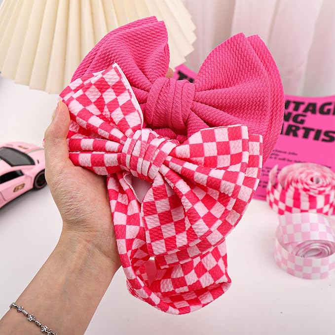 YanJie 2PCS 7’’ Hot Pink Bows for Baby Girls Checkered Headband Double Layered Bow Infants Toddler Hair Accessories Newborn Headbands Baby Clothes