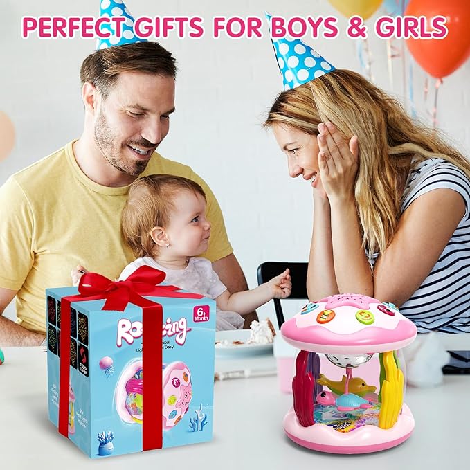 Letapapa Baby Toys 6 to 12 Months, 4 in 1 Ocaen Rotating Projector, Tummy Time Light Up Musical Toys for 6 7 8 9 12-18 Months, Educational Birthday Gifts for Baby Infants 1 2 Year Old Girls(Pink)