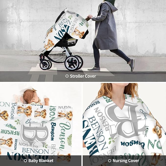 Personalized Winter Car Seat Covers for Babies with Name Lion Minky Baby Car Seat Cover for Boys Girls Custom Infant Carseat Covers Baby Blanket Nursing Cover Breastfeeding Scarf