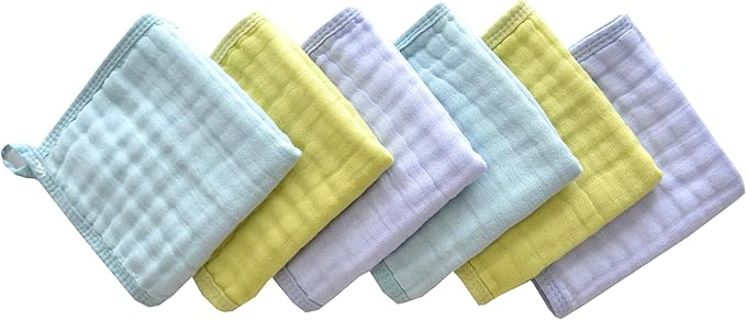 MUKIN Baby Washcloths, Soft Absorbent Cotton Burp Cloths, Burping Cloth for Newborn Sensitive Skin,12x12 inches, 6 Pack (Blue,Green,Purple)