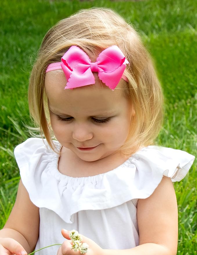 Wee Ones Girls' Extra Small Scalloped Edge Grosgrain Bowtie on Matching Elastic Band, White, 2