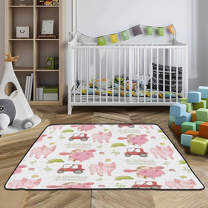 Baby Play Mat Cute Farm Cow Pig and Tractor 50 x 50 Playpen Mat Baby Play Mats for Floor Play Gym Crawling Mat Non-Slip Cushioned Baby Playmat for Infants, Babies, Toddlers