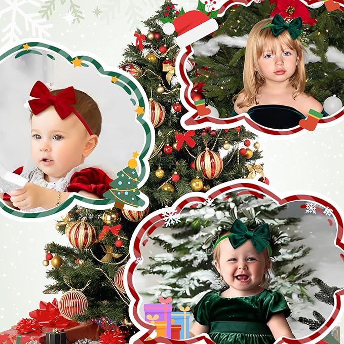 Christmas Baby Bows Handmade Velvet Headbands Tied Bow Elastic Nylon Hair Accessories for Baby Girls Newborn Infant 2 Pcs Christmas Gift Red Green