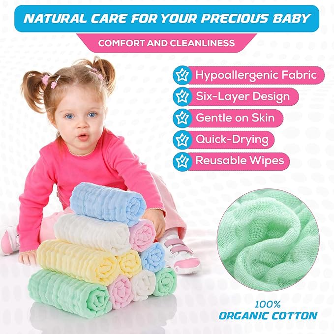 10 Pack Soft Muslin Unisex Baby Washcloths for Daily Use, 100% Cotton Set for Delicate Skin. Soft and Super Absorbent, Newborn Baby Essentials and Baby Registry,12x12 Inches (Pink)