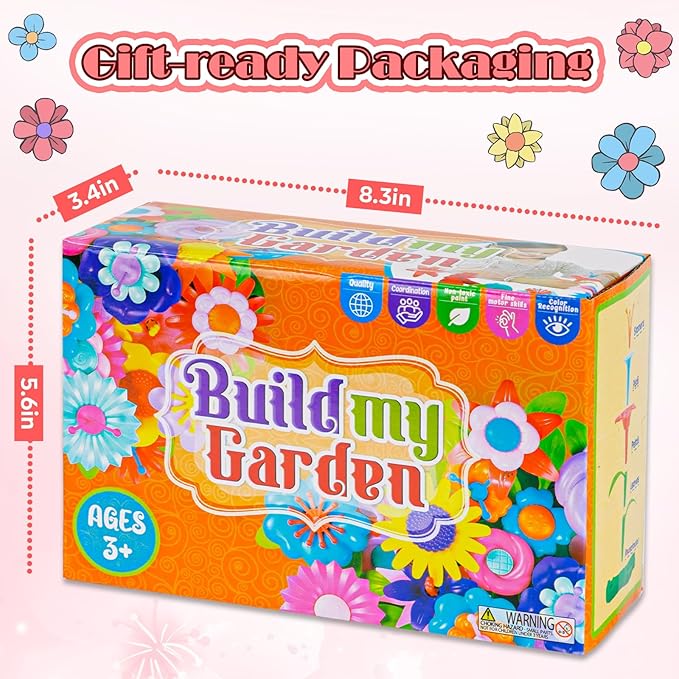 FUNZBO Girl Flower Garden Building Toys Set - Birthday Gifts for Age 2 3 4 5 6 Years Old Girls, STEM Montessori Educational Toy for Toddler Kids, Sorting & Stacking Spring Gardening Set