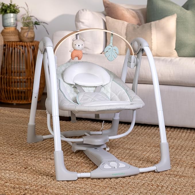 Ingenuity Cozy Spot Swing n Go Portable Swing - Removable and Rotatable Wood Toy Bar, 6-Speed, for Ages 0-9 Months, Up to 20 Pounds
