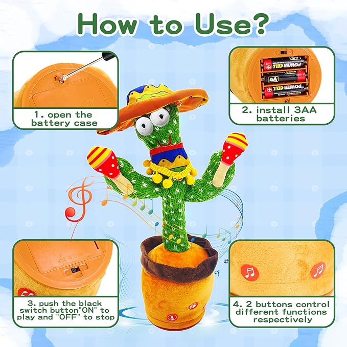 Talking Cactus Toy for Kids Boys and Girls, Adjust Volume Dancing Cactus Toy Singing Mimicking Recording Toys Repeats What You Say, Comes with 120 English Songs Singing Talking Musical Toys