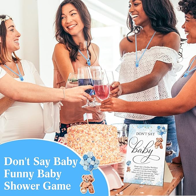 Wesiti 51 Pcs Cool Baby Shower Game Wooden Sign Gift Sets 50 Baby Shower Pacifiers Necklace Acrylic Pacifier for Gender Reveal Party Favor(Bear,Blue)