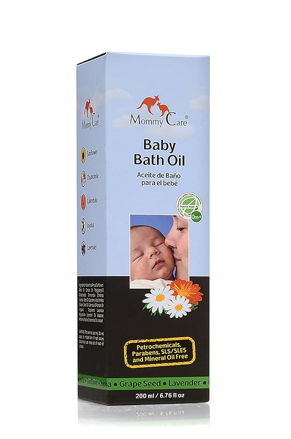 Mommy Care Organic Baby Bath Oil Pure Natural Essential Oils, Calming, Hydrating, Newborn Bathing Oil to Restore your baby’s natural skin moisture. Great for irritated or dry skin. 6.76 oz