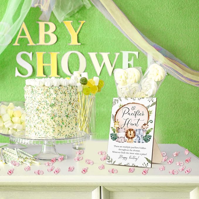 Roowest 51 Pcs Pacifier Hunt BabyShower Games Include Wooden Hunt Sign and 50 Acrylic Mini Plastic Pacifiers for BabyShower Game Decoration Gift Sets Gender Reveal Party