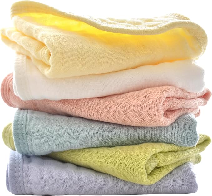 MUKIN Baby Washcloths, Soft Absorbent Cotton Burp Cloths, Burping Cloth for Newborn Sensitive Skin,12x12 inches, 6 Pack (Multicolor)
