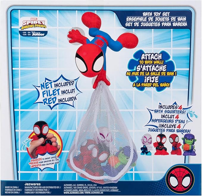 Marvel Spidey and His Amazing Friends Bath Toy Set - Spidey Wall Mount with Web Net and Four Bath Squirters