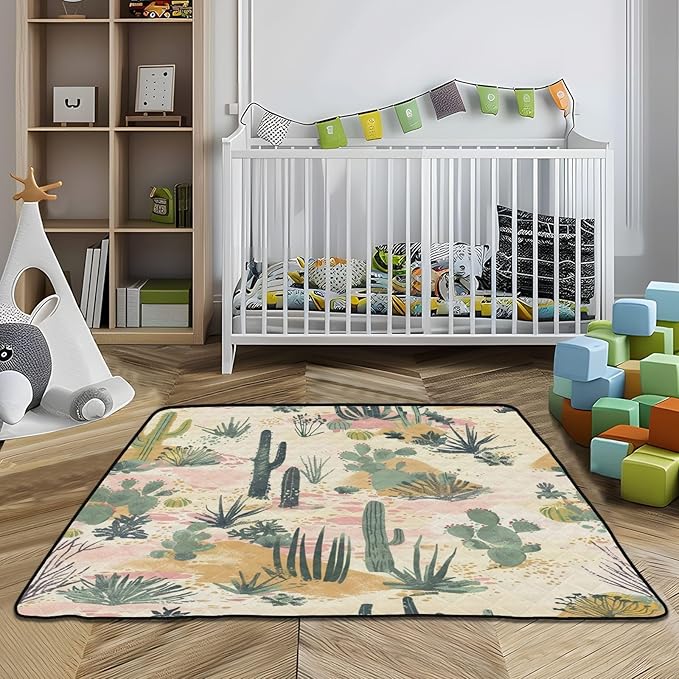 Baby Play Mat Tropical Cactus Desert Pink 50 x 50 Playpen Mat Baby Play Mats for Floor Play Gym Crawling Mat Non-Slip Cushioned Baby Playmat for Infants, Babies, Toddlers