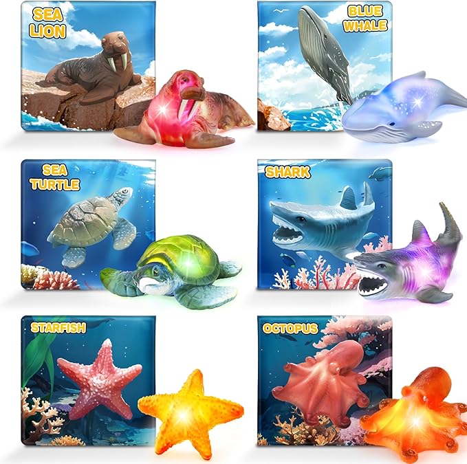 6 Pack Light Up Bath Toys & Magic Bath Book & Storage Bag for Toddler, No Hole Floating Ocean Animal with LED Flashing Colors, Glow Sensory Bathtub Toy for Kid, Water Table Toy, Gift for Boy Girl