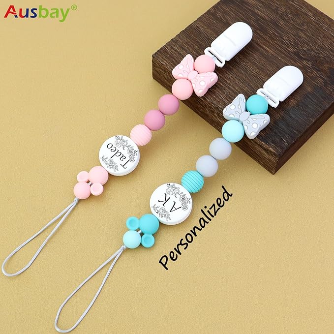 Customized Silicone Pacifier Clip, Pacifier Holder Sets for Boys and Girls, Personalized Adorable Mouse Pacifier Clips Fits for Most Pacifier, Baby Teethers, Baby Shower and Baby Gift (Pink)
