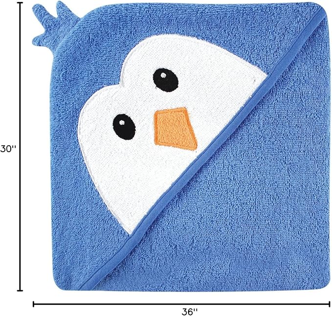 Luvable Friends Unisex Baby Cotton Animal Face Hooded Towel, Blue Penguin, One Size