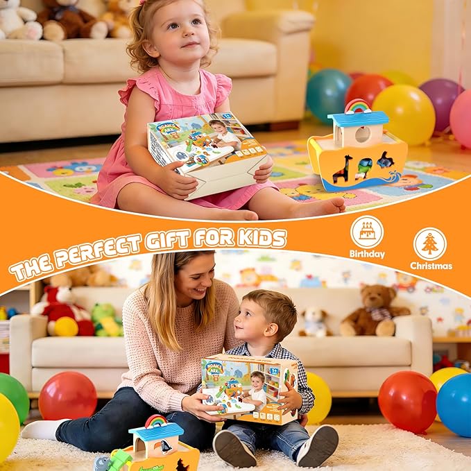 Hoarosall 27-Piece Wooden Noah's Ark Toy for 1-3 Year Olds Baptism Christmas Birthday Gift Bilingual Bible Story Montessori Shape Sorter Christian Educational Toy for Boys Girls