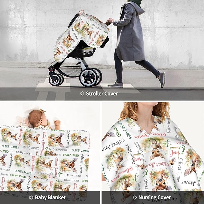 Personalized Baby Car Seat Cover Winter Custom Minky Carseat Cover Boy Girls with Name Deer Carseat Canopy Customized Car Seat Canopy Infant Carrier Covers Nursing Cover Toddler Blanket
