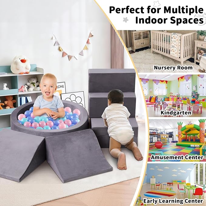 Toddler Climbing Toys Indoor for 1-3, Baby Foam Climbing Blocks with Ball Pit, Climbing Toys for Toddlers 1 Year Old, Baby Soft Play Set Modular Crawling Sliding Play Activity (Balls Not Included)