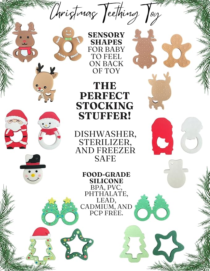 Christmas, Holiday Soft Silicone Teethers for Baby, BPA Free and Food Grade - Christmas Tree, Star, Santa, Rudolph, Reindeer, Teether Toy (Christmas Tree)