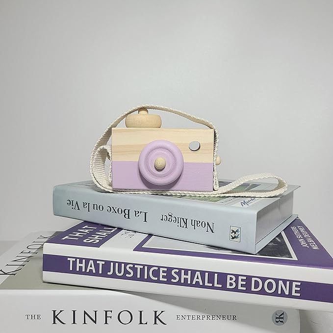 Baby Wooden Mini Camera Toy, Kid Cute Mini Sharpe Toy Neck Hanging Photographed Props for Toddlers Children Kids' Room Hanging Decor Gift (Purple)