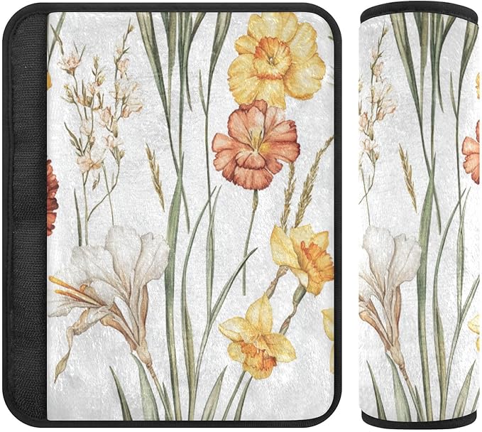 Car Seat Belt Pads Covers 2 Piecing Breathable Camera Bag Strap Cover for Adults Child Kids M Fall Flowers Daffodil Carnation Freesia White