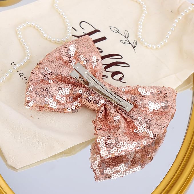 Hair Clip for Girls, 5 inches Sequins Large Bow with Alligator Clip for Bows Hair Accessories, Rose Gold