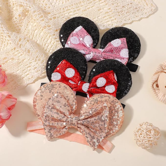 choicbaby 3 PCS Mouse Ears Sequin Bow Nylon Hairband with Polka Dot Cute Baby Headbands Soft Hairbands Hair Accessories for Newborn Infant Toddler Party Supplies