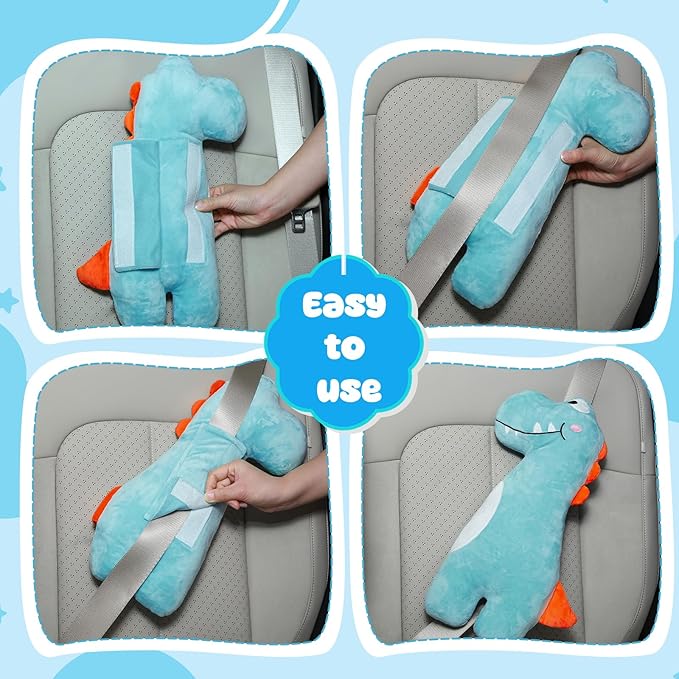 Lenwen 2 Pcs Seat Belt Pillow for Kids Cover for Boys Girls Seatbelt Cushion Pillow for Toddler Car Strap Covers for Travel Sleep Neck Head Support Pad(Blue,Dinosaur)