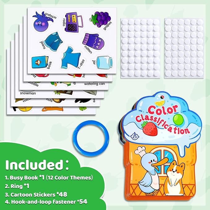 QEF Montessori Busy Book, Color Sorting Toys for Toddlers 2-4, 12 Color Themes Educational Preschool Learning Activities Toys Book with 48 Cartoon Sticker, Sensory Matching Games for Kids