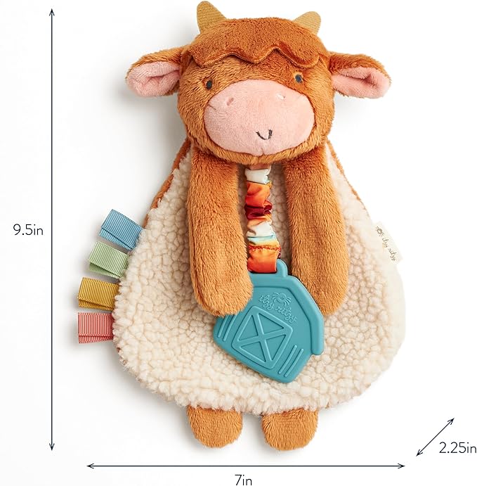Itzy Ritzy - Itzy Lovey Including Teether - Baby Lovey with Teether, Textured Ribbons & Dangle Arms - Features Crinkle Sound, Sherpa Fabric and Minky Plush (Highland Cow)