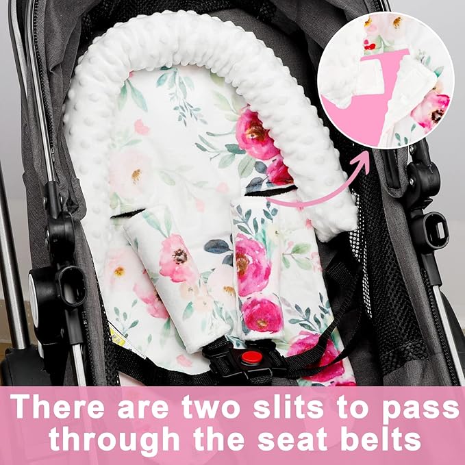 TANOFAR Baby Car Seat Insert and Strap Covers, Gray Carseat Head Support for Girls, Soft Unisex Cushion Fit for Car Seats, Stroller, Bouncers, (Flower)