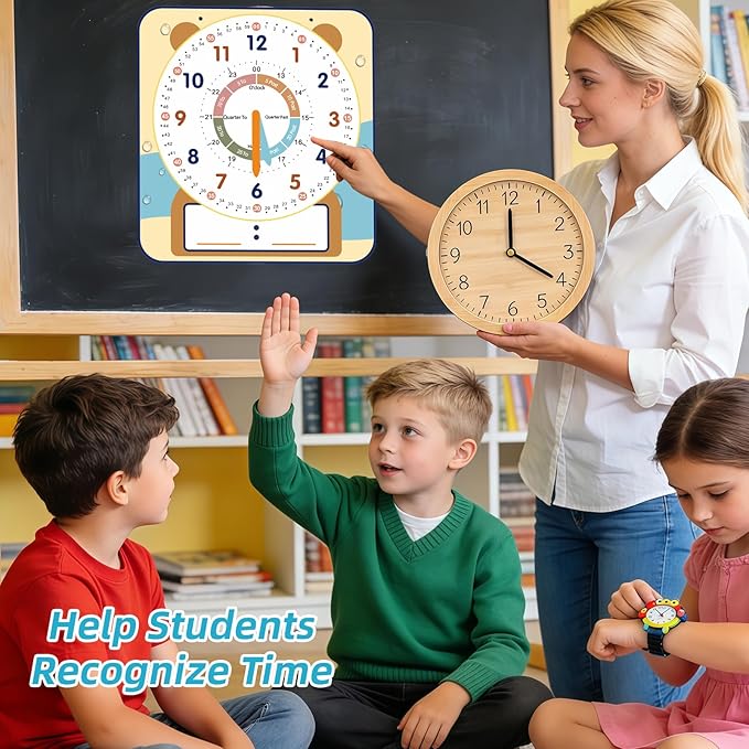 ANCOMEDO Large 12" Magnetic Writable Dry Erase Teaching Clock with Cute Style, Teaching Demonstration Clock for Kids Learning Practice Time for Home School Classroom Supplies (12" x11"-Beige)