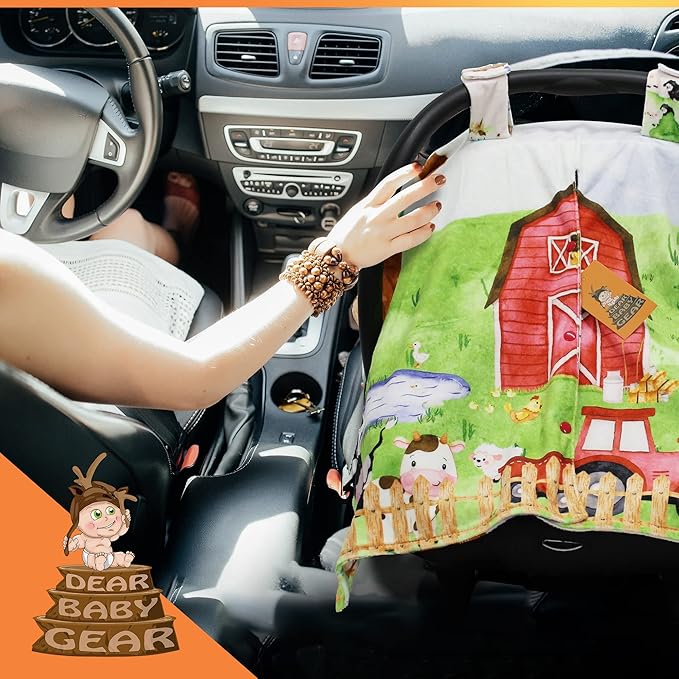 Dear Baby Gear Car Seat Cover for Boys & Girls - Baby Carseat Canopy w/Snap Opening - Infant Seat Cover - Stroller & Nursing Covers - Newborn Carrier Canopy - 40x30" (Barn with Animals Farm Life)