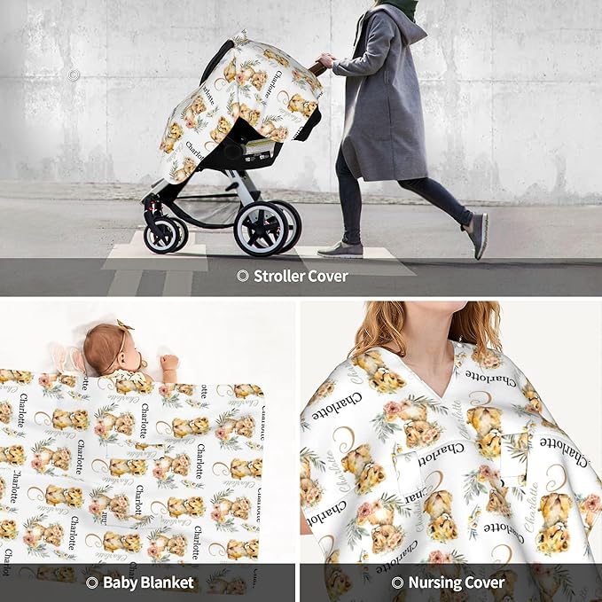 Personalized Winter Carseat Cover for Baby Custom Name Car Seat Canopy for Newborn Baby Boys Girls 2 in 1 Mom Nursing Breastfeeding Covers Lion Minky Baby Carrier Stroller Covers